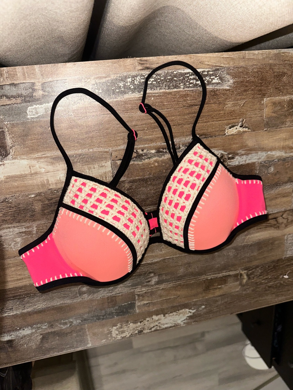 Victoria's Secret Neon Pink and Cream Crochet Push-Up Bikini Top